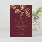 Boho Rustic Burgundy & Gold Wedding Einladung (Stehend Vorderseite)