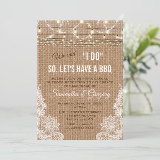 Boho Rustic Burlap Lace String Lights I DO GRILLEN Einladung (Stehend Vorderseite)