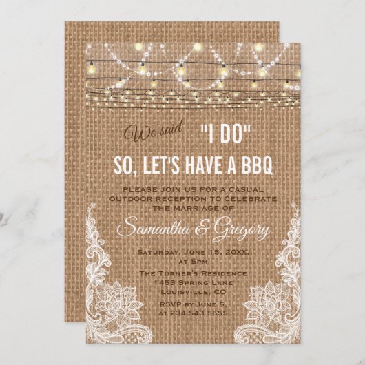 Boho Rustic Burlap Lace String Lights I DO GRILLEN Einladung (Vorne/Hinten)