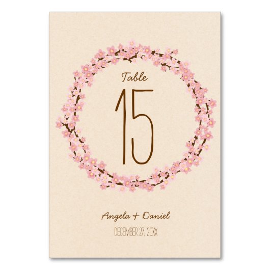 Boho Rustic Cherry Blossom Wreath Wedding Tischnummer (Vorderseite)