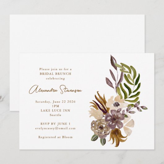 Boho Rustic Dusty Nature Botanical Bridal Brunch Einladung (Vorne/Hinten)