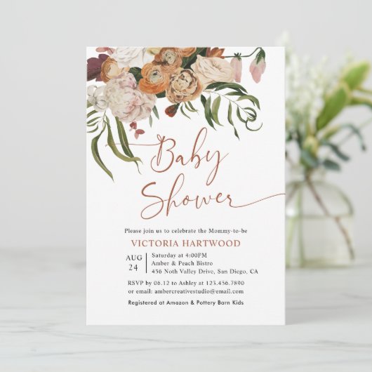 Boho Rustic Fall Florals Babydusche Einladungen (Stehend Vorderseite)