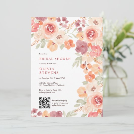 Boho rustic fall peach blush qr Brautparty Einladung (Stehend Vorderseite)