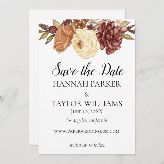 Boho Rustic Fall Watercolor Floral Save The Date (Vorne/Hinten)