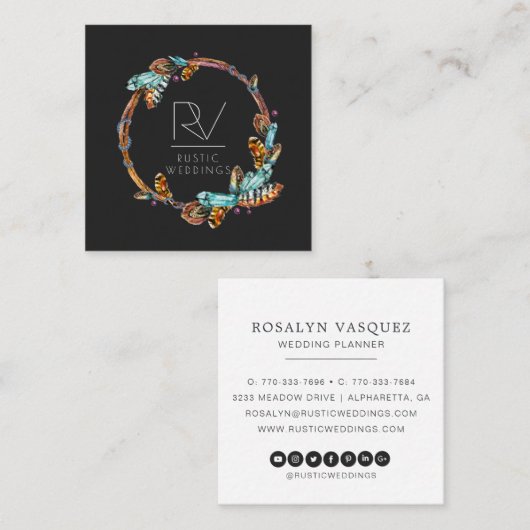 Boho Rustic Feather Wreath Monogram Quadratische Visitenkarte (Vorne/Hinten)