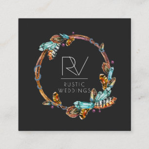 Boho Rustic Feather Wreath Monogram Quadratische Visitenkarte