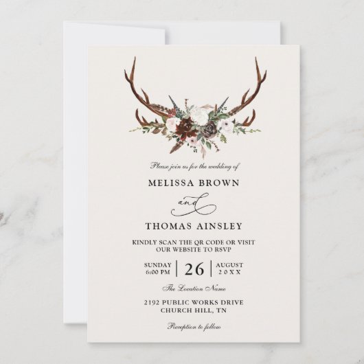 Boho Rustic Floral Antlers Budget QR Code Wedding Einladung (Vorderseite)