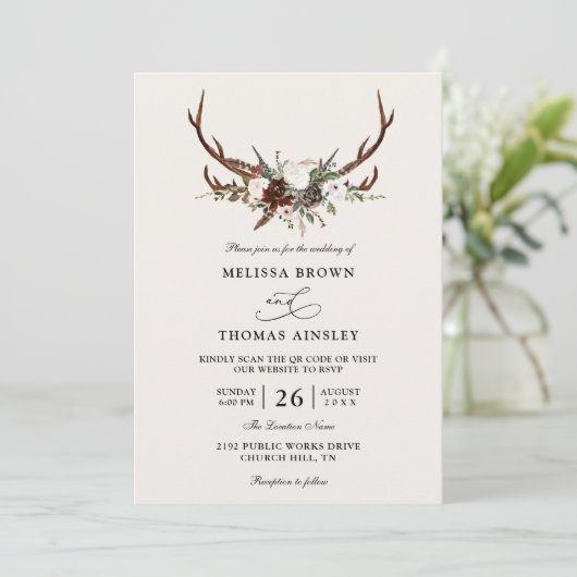 Boho Rustic Floral Antlers Budget QR Code Wedding Einladung (Stehend Vorderseite)