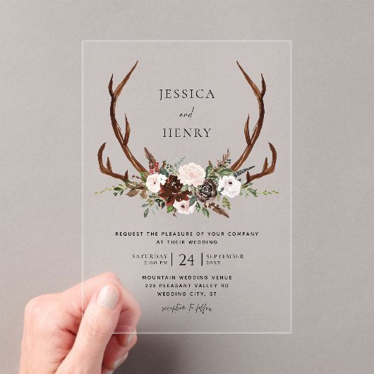 Boho Rustic Floral Antlers Wedding Acryleinladungen (Insitu (Handheld))