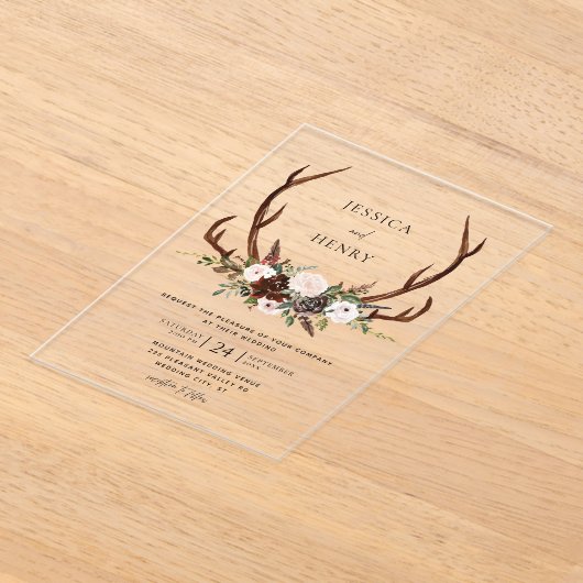 Boho Rustic Floral Antlers Wedding Acryleinladungen (Ablage )