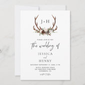 Boho Rustic Floral Antlers Wedding Einladung (Vorderseite)