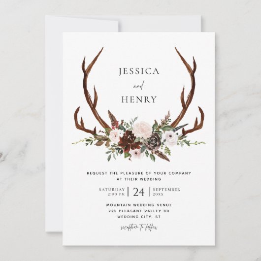 Boho Rustic Floral Antlers Wedding Einladung (Vorderseite)