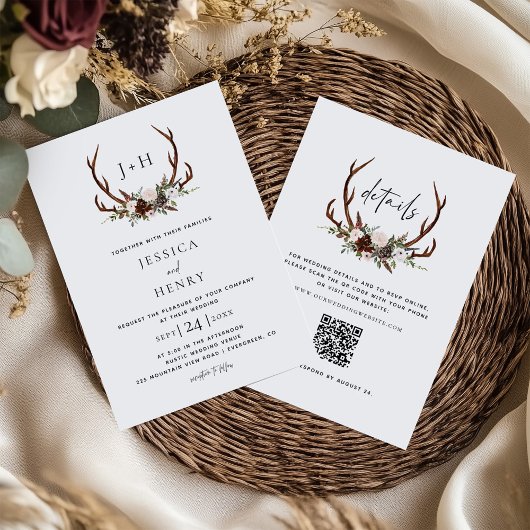 Boho Rustic Floral Antlers Wedding QR Code Einladung