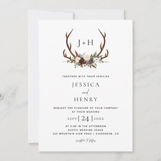 Boho Rustic Floral Antlers Wedding QR Code Einladung (Vorderseite)