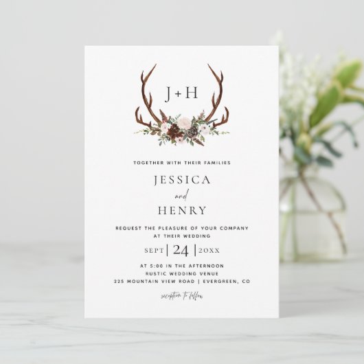 Boho Rustic Floral Antlers Wedding QR Code Einladung (Stehend Vorderseite)