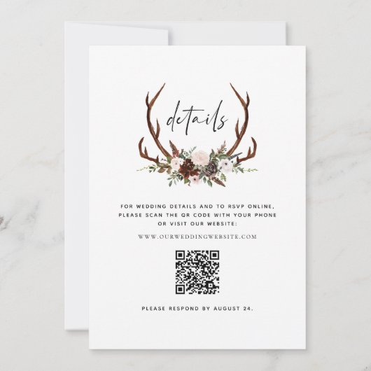 Boho Rustic Floral Antlers Wedding QR Code Einladung (Rückseite)