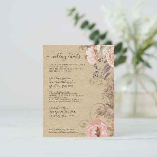 Boho Rustic Floral Blush Rose Gold Hochzeiten Deta Einladung (Stehend Vorderseite)