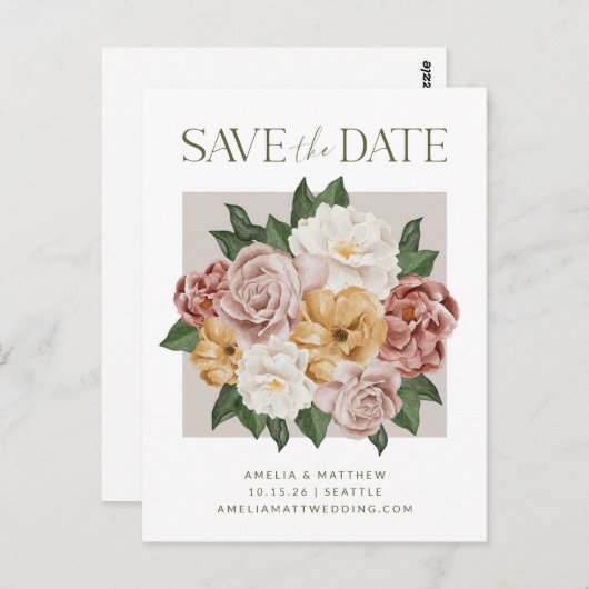 Boho Rustic Floral Bouquet Elegant Save the Date Postkarte (Vorne/Hinten)