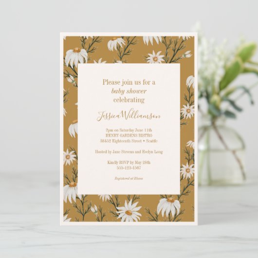 Boho Rustic Floral Daisies Yellow Baby Shower Einladung (Stehend Vorderseite)