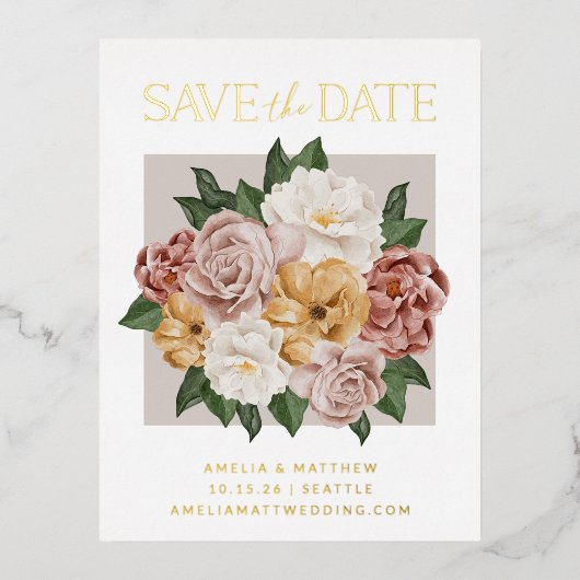 Boho Rustic Floral Elegant Save the Date Gold Folie Einladungspostkarte (Vorderseite)