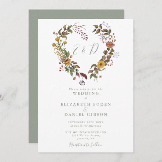 Boho Rustic Floral Heart Sage Green Wedding Einladung (Vorne/Hinten)