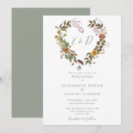 Boho Rustic Floral Heart Sage Green Wedding Einladung