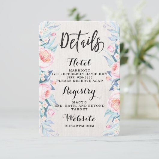 Boho Rustic Floral Information Card Begleitkarte (Stehend Vorderseite)