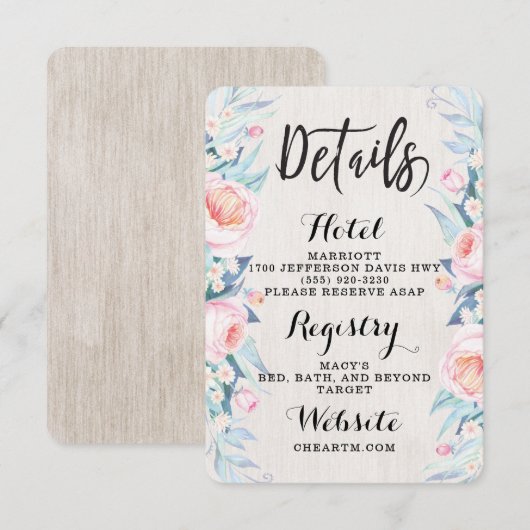 Boho Rustic Floral Information Card Begleitkarte (Vorne/Hinten)