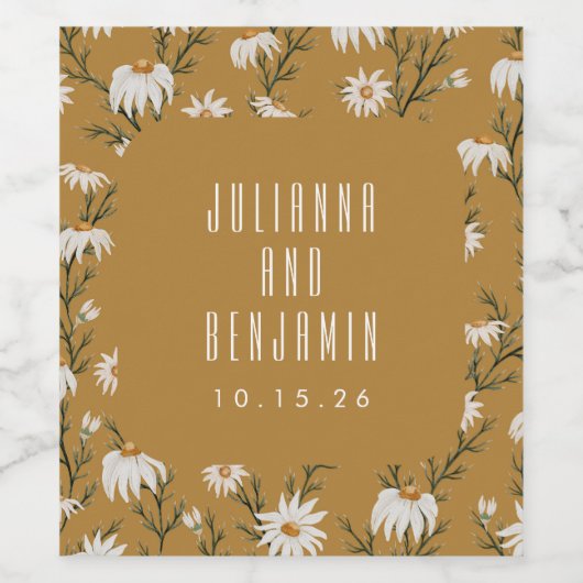 Boho Rustic Floral Mustard Yellow Wedding Custom Weinetikett (Einzelnes Label)