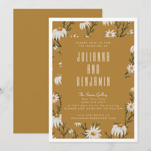 Boho Rustic Floral Mustard Yellow Wedding Einladung (Vorne/Hinten)