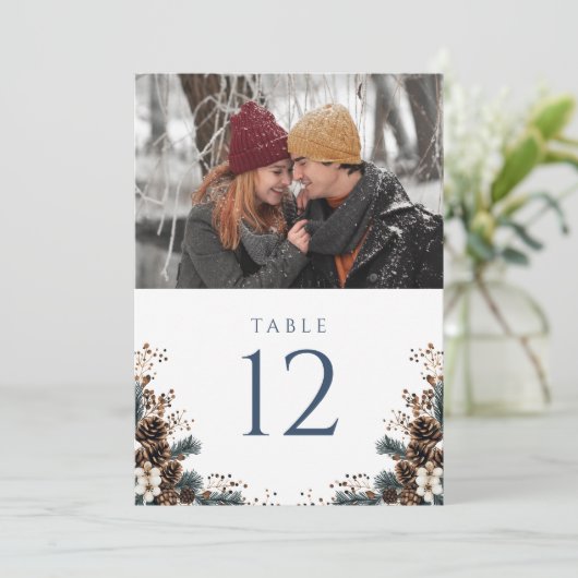 Boho Rustic Floral Pinecone Foto Tischnummer (Stehend Vorderseite)