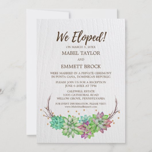 Boho Rustic Floral Sukkulent Elopement Empfang Einladung (Vorderseite)