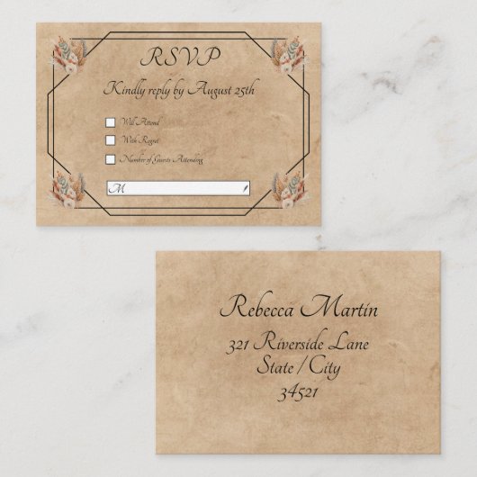 Boho Rustic Floral Wedding RSVP Mitteilungskarte (Vorne/Hinten)