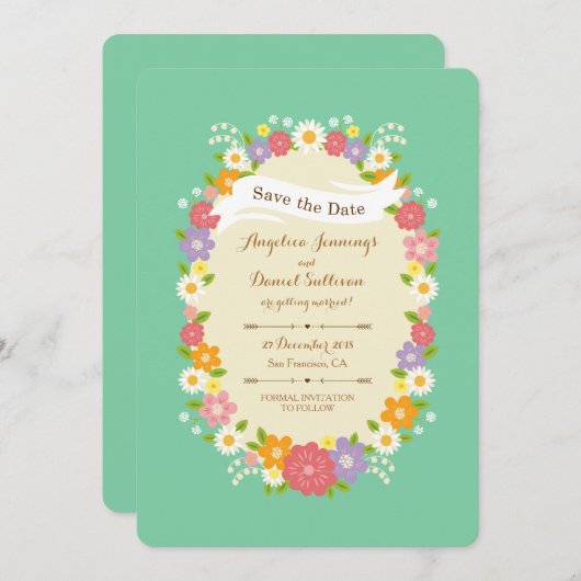 Boho Rustic Floral Wreath Wedding (Mint) Ankündigung (Vorne/Hinten)