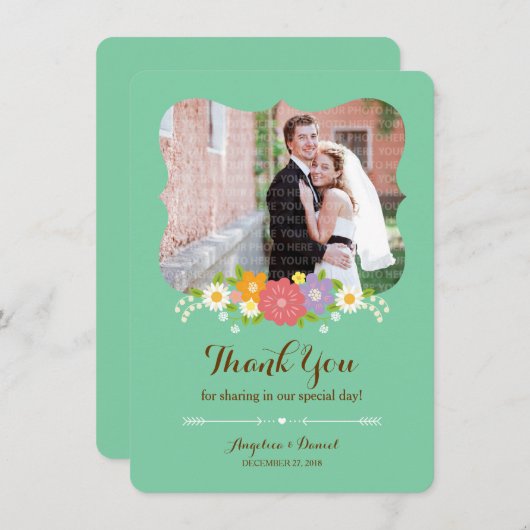 Boho Rustic Floral Wreath Wedding (Mint) Dankeskarte (Vorne/Hinten)