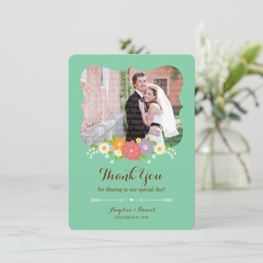 Boho Rustic Floral Wreath Wedding (Mint) Dankeskarte (Stehend Vorderseite)