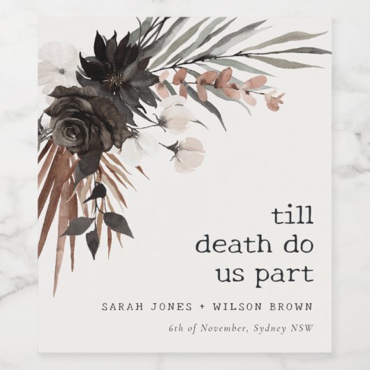 Boho Rustic Gothic Rust Black Botanical Wedding Weinetikett (Einzelnes Label)