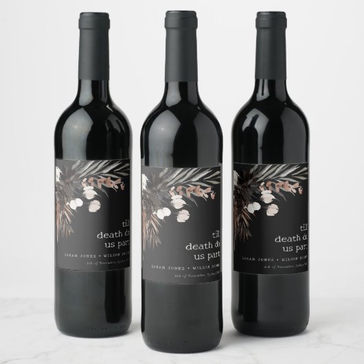 Boho Rustic Gothic Rust Black Botanical Wedding Weinetikett (Flaschen)