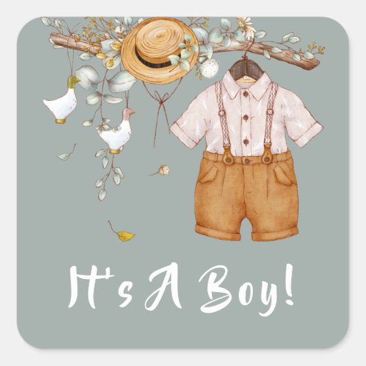 Boho Rustic Greenery Baby Boy Quadratischer Aufkleber (Vorderseite)
