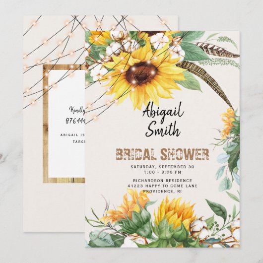 Boho Rustic Lights Sonnenblumen Brautparty Einladung (Vorne/Hinten)