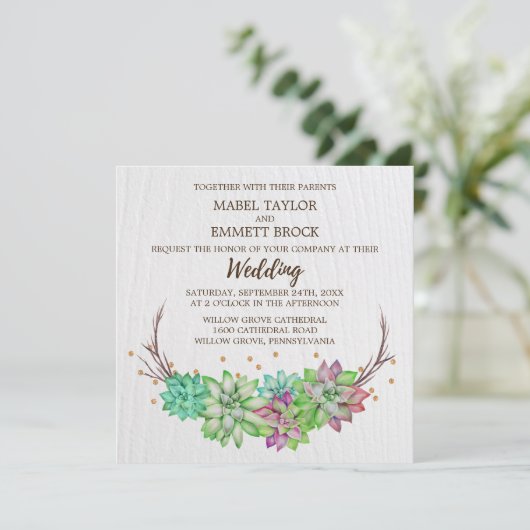 Boho Rustic Mint Floral Succulent Square Hochzeit Einladung (Stehend Vorderseite)