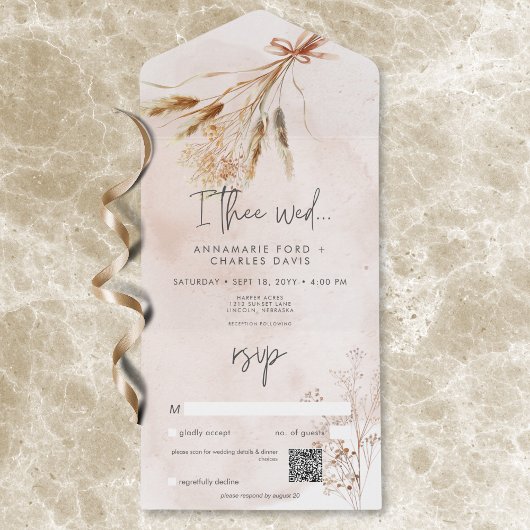 Boho Rustic Pampas & Dried Grass Bouquet QR Code All In One Einladung