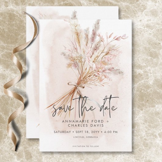 Boho Rustic Pampas & Dried Grass Bouquet Wedding Save The Date