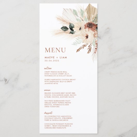 Boho Rustic Pampas Floral Wedding Menu & Drinks Menükarte (Vorderseite)