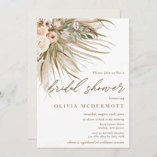 Boho Rustic Pampas Grass Floral Brautparty Invi Einladung (Vorne/Hinten)