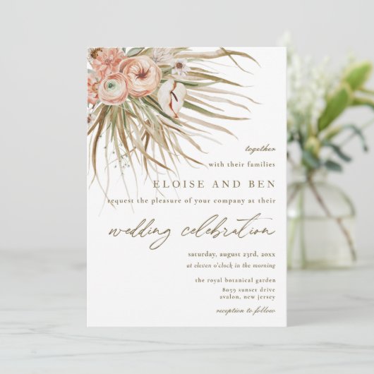Boho Rustic Pampas Grass Peach Floral Wedding Einladung (Stehend Vorderseite)