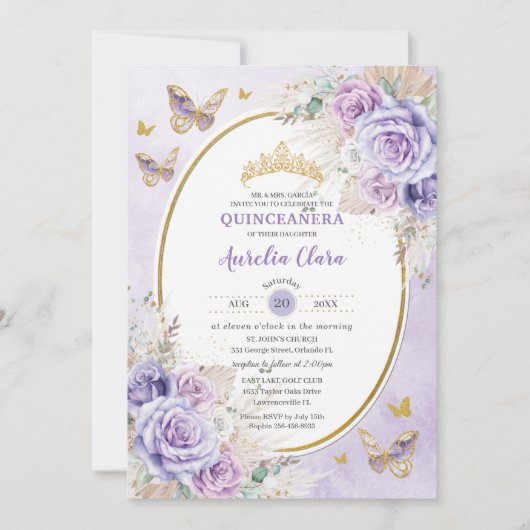 Boho Rustic Pampas Lila Lilac Floral Quinceañera Einladung (Vorderseite)