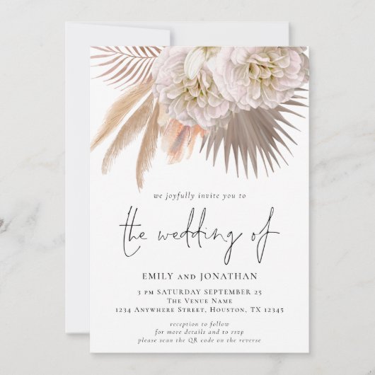 Boho Rustic Pampas Script QR 3 Foto Wedding Einladung (Vorderseite)