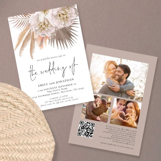 Boho Rustic Pampas Script QR 3 Foto Wedding Einladung