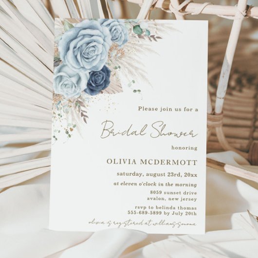 Boho Rustic Pampas Soft Blue Floral Brautparty Einladung